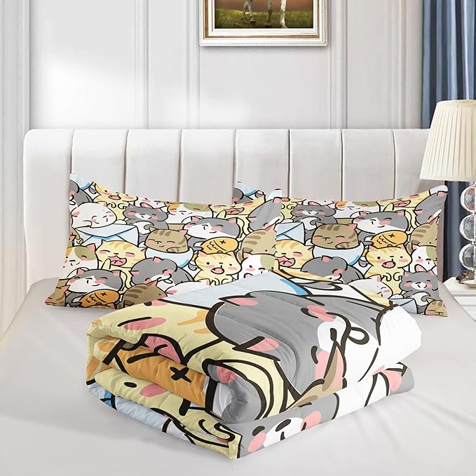 Kawaii Cat Comforter King Size,Cute Cat Comforter Set for Kids Teens Girls,3Pcs Bedding Set Printed Comforter with 2 Pillowcases,Down Alternative,Soft and Lightweight，King Size