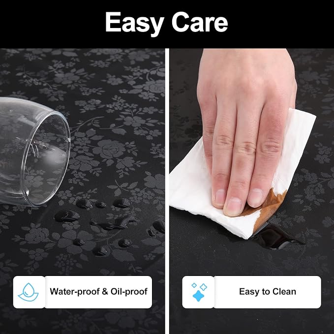 Smiry Rectangle Waterproof Heavy Duty Vinyl Tablecloths, 60 x 140 Inch | Wipeable Washable Floral Embossed Table Cover for Kitchen and Dining Room, Indoor & Outdoor Use, Black