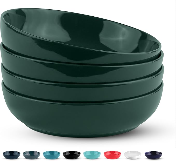 KooK Pasta Bowl, Salad Bowls, Soup, Serving Bowls, Ceramic, Large Capacity, Microwave & Dishwasher Safe, Set of 4, 40 Oz,(Hunter Green)