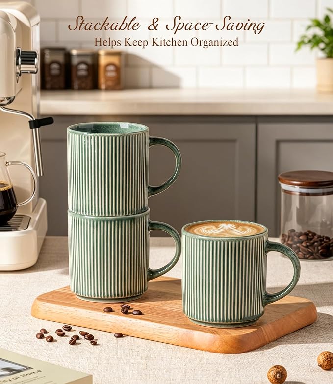 GBhome Coffee Mugs Set of 6，12 oz Coffee Cups with Handle | Cups for Latte, Tea, Cocoa & Milk, Ideal for Daily Use & Gifts, Microwave & Dishwasher Safe, Dark Green