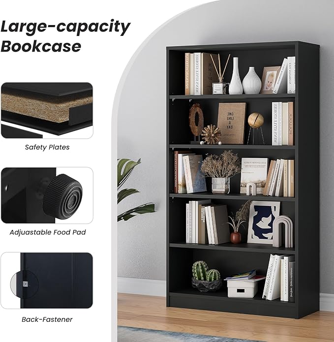 Farini 5 shelf boockase Display Bookcase Freestanding Wooden Bookshelves for Home Office Living Room,60 Inch Height,Black