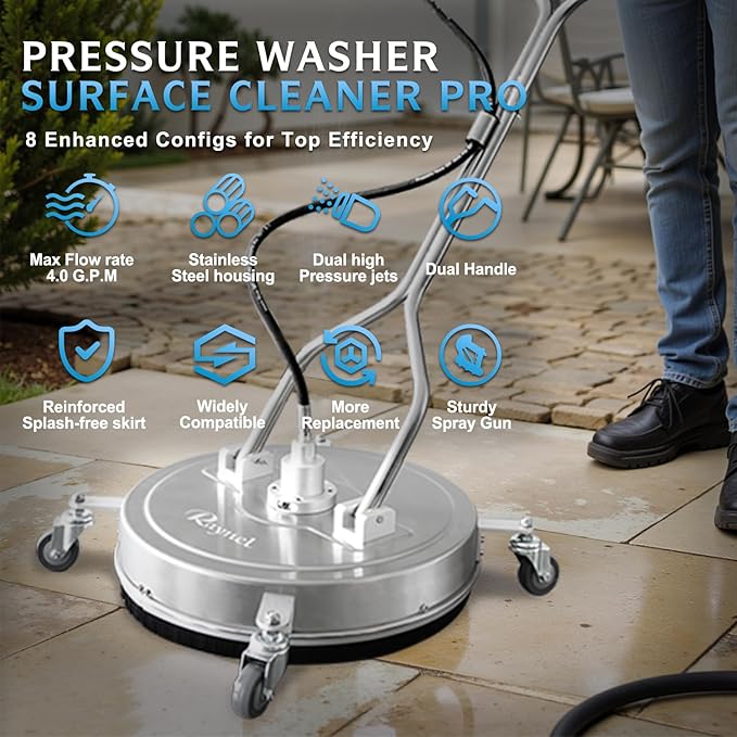 RAYNEL 20'' Pressure Washer Surface Cleaner with 4 Wheels, Dual Handle, Stainless Steel Housing, 2 Hose Adapters, 4 Replacement Nozzles
