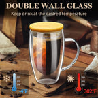 PARACITY Double Wall Glass Coffee Mugs 16OZ with Bamboo Lid/Spoon, Glass Coffee Cups Set of 2 with Handle, Insulated Clear Coffee Mug, Perfect for Latte, Cappuccino, Espresso, Hot Beverage, Tea | Each clear cup has a handle, bamboo lid and wooden spoon...