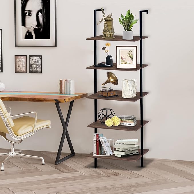 5 Tiers Ladder Shelf 2-Piece Black Modern Tall Bookshelf Open Large Tall Wall Mount Storage Bookcase Standing Leaning Wall Shelves Industrial Decorative