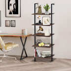 5 Tiers Ladder Shelf 2-Piece Black Modern Tall Bookshelf Open Large Tall Wall Mount Storage Bookcase Standing Leaning Wall Shelves Industrial Decorative