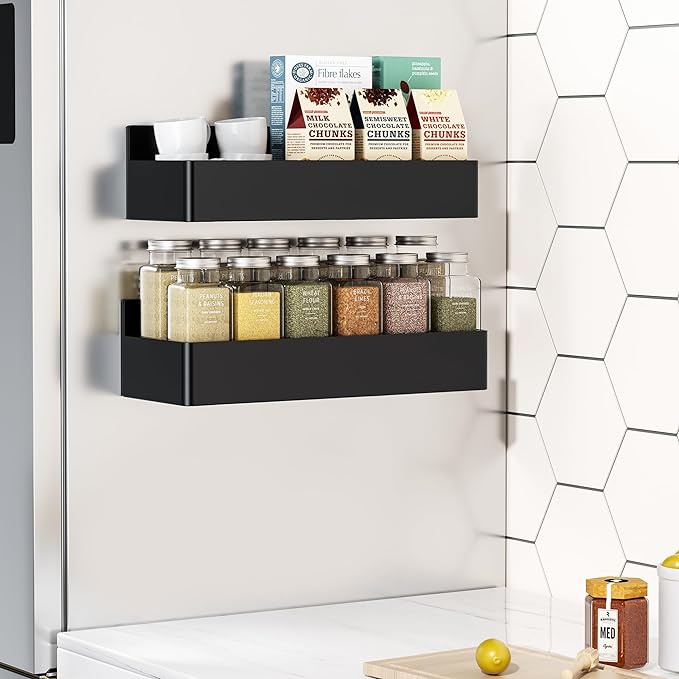 Magnetic Spice Rack for Refrigerator, Kitchen Organizer and Storage Shelf, Black (2 Pack)…