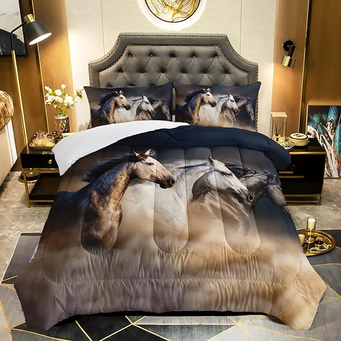 Horse Comforter Twin Size,Galloping Horse Comforter Set for Kids Teens Girls Boys,3Pcs Bedding Set Printed Comforter with 2 Pillowcases,Soft and Lightweight，Twin Size