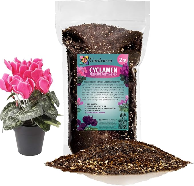 Gardenera Premium Cyclamen Potting Soil Mix - Perfect Balance of Nutrients, Drainage, and Aeration for Thriving Blooms - 2 Quart