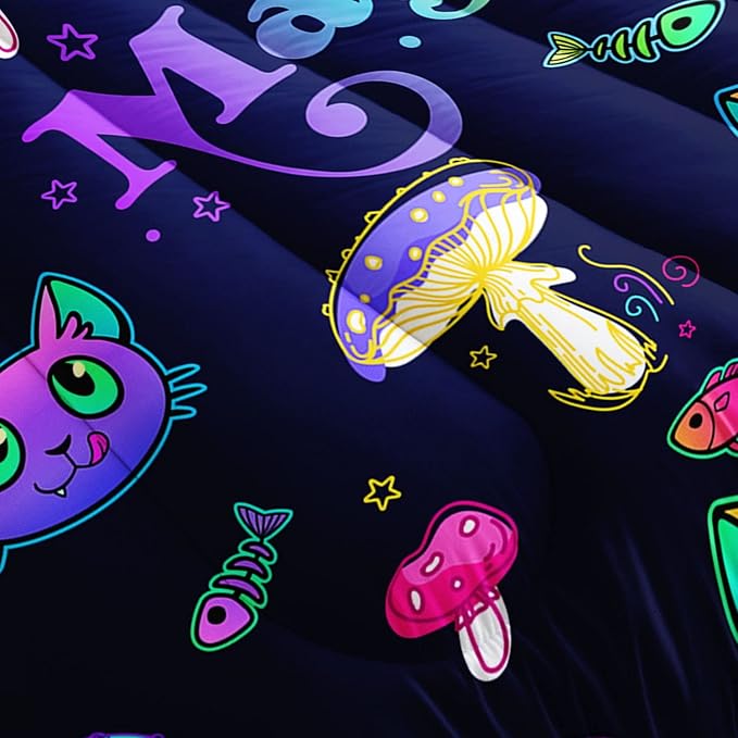 Datura home Mushroom Cat Kids Comforter Bedding Set for Boys Girls, Cartoon Mixed Color Mushroom and Cute Cat Fishbone Pattern Comforter with 2 Pillowcases(Mushroom Cat Queen)