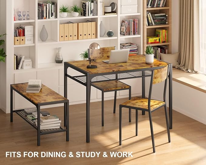 Gizoon 4-Piece Dining Table Set for 4, Kitchen Table with Bench Rustic | Space-saving rustic 4-piece dinette set with metal storage rack. Includes 2 ergonomic chairs and 1 bench. Easy to clean.