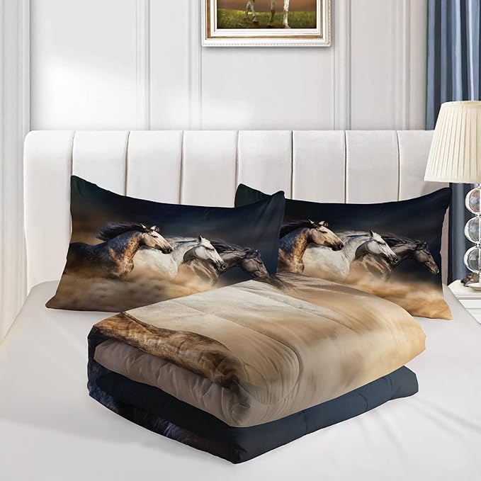 Horse Comforter Twin Size,Galloping Horse Comforter Set for Kids Teens Girls Boys,3Pcs Bedding Set Printed Comforter with 2 Pillowcases,Soft and Lightweight，Twin Size