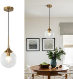 KCO Lighting Brass Gold Small 7.1” Clear Bubble Glass Globe Pendant Light | E26 Base, Sloped Ceiling, Mid Century Modern Adjustable Hanging Ceiling Lamp for Kitchen Island Sink Dining Table Bedroom Bar