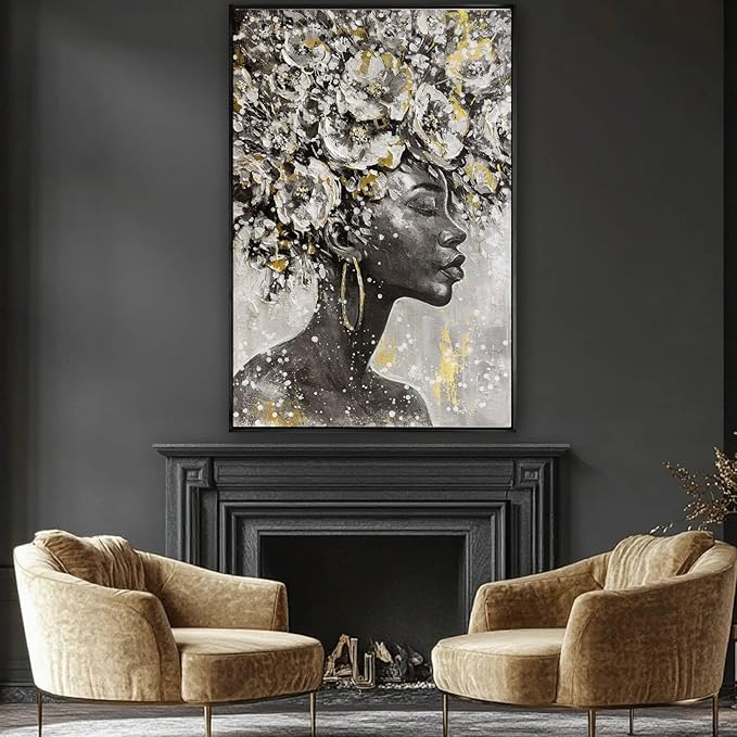 Large Black and Gold African American Wall Art with Framed Black Woman Office Bedroom Living Room Poster Home Hanging Decor 32x48 Inch