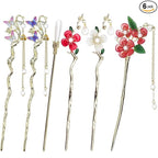 6PCS Butterfly Flower Hair Sticks for Buns Long Hair Chinese Hanfu Asian Vintage Floral Hairpins Hair Chopsticks with Pearl Tassel for Women Girls