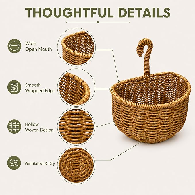 2 Pack Hanging Wall Storage Basket, Woven Rattan Organizer，COFFEE BROWN | Rustic Hand woven wall organizer with hook for kitchen, bathroom and entryway storage, Space-saving decor for modern homes
