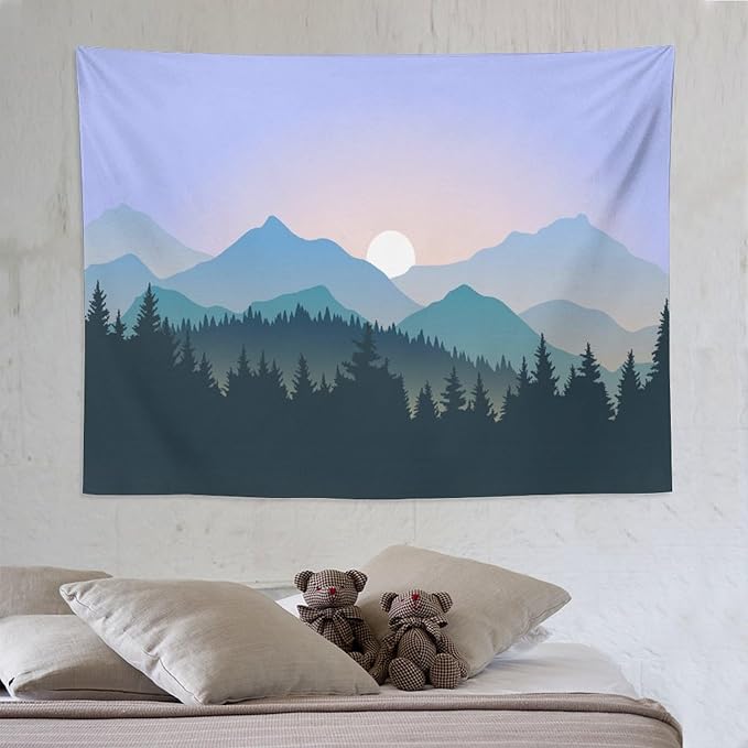 HZOHNAGO Mountain Tapestry Forest Mountain Sunrise Pattern Printed Wall Tapestry Wall Hanging for Bedroom Living Room Dorm 80" W x 60" H