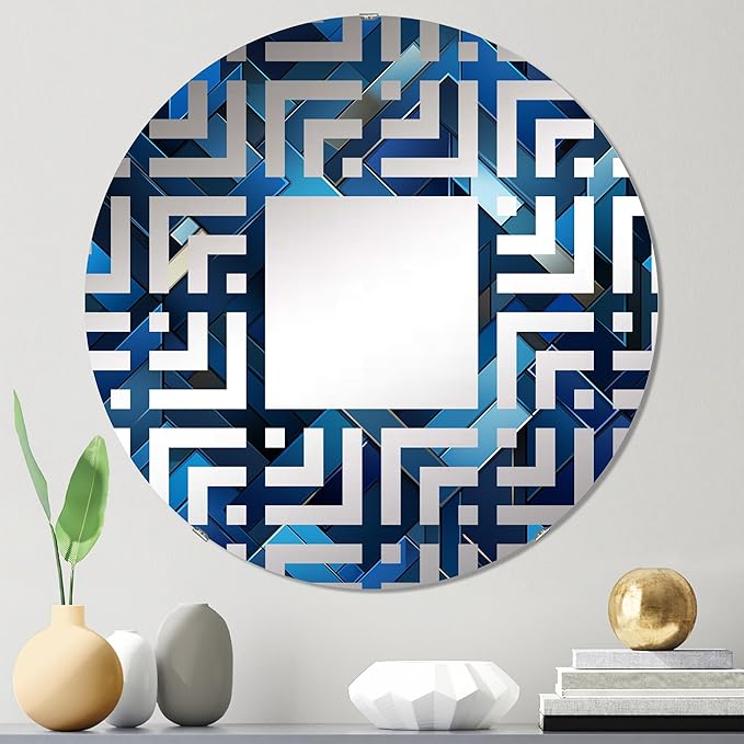 Symmetric Cubes in Deep Cobalt Blue - Geometric Maze - 24 Inches - Round Decorative Wall Mirror for Bathroom, Bedroom, Entryway, Living Room, Vanity Room and Modern Décor