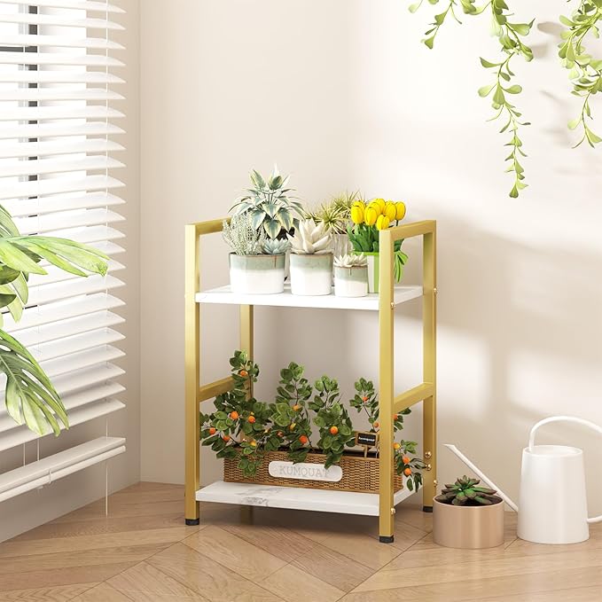 Small Bookshelf for Small Space, 2 Tier Bookcase Narrow Book Case Storage Organizer Book Shelf for Living Room, Bedroom and Office, Easy Assembly(2 Tier,Gold)