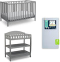 Delta Children Heartland 4-in-1 Convertible Crib Infant Changing Table with Pad + Serta Perfect Start Crib Mattress, Grey