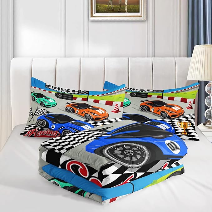 Axolotl Racing Car Bedding Set Twin,Cool Speed Race Car Down Comforter for Kids Boys Girls Teens,Racing Car Comforter Set Car Theme with Three Cars Arrive at Finish,1 Comforter and 2 Pillowcases
