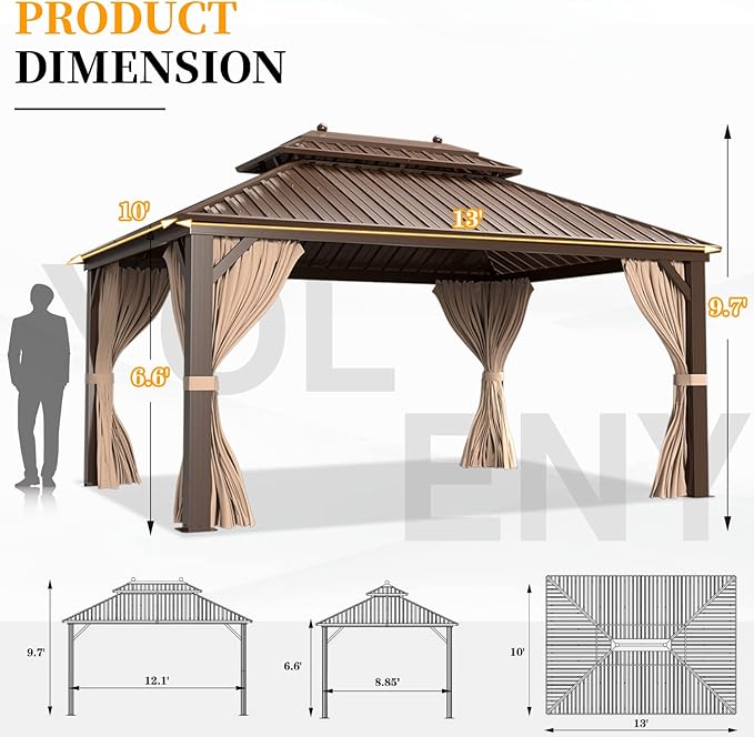 YOLENY 10'x13' Hardtop Gazebo with Galvanized Steel Double Roof, Pergolas Aluminum Frame, Netting and Curtains Included, Metal Outdoor Gazebos for Garden, Patios, Lawns, Parties