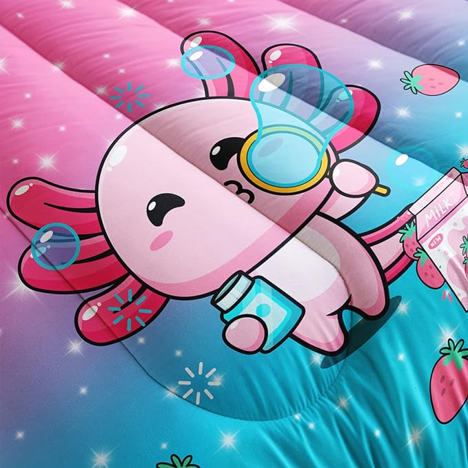 Kawaii Axolotl Comforter,Pink Salamander Comforter Set for Kids Teens Girls,3Pcs Bedding Set Printed Comforter with 2 Pillowcases,Down Alternative,Soft and Lightweight(Pink，King Size)