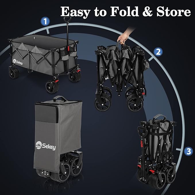 Sekey 220L Collapsible Foldable Wagon with 330lbs Weight Capacity, Heavy Duty Folding Utility Garden Cart with Big All-Terrain Beach Wheels & Drink Holders. Grey