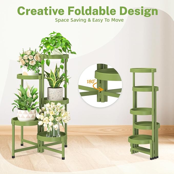iDavosic.ly 5 Tier Folding Plant Stand Indoor Outdoor with Plastic Tray, Tiered Corner Flower Holder Shelf, Metal Orchid Display Rack for Patio Porch Living Room Garden Balcony, Green