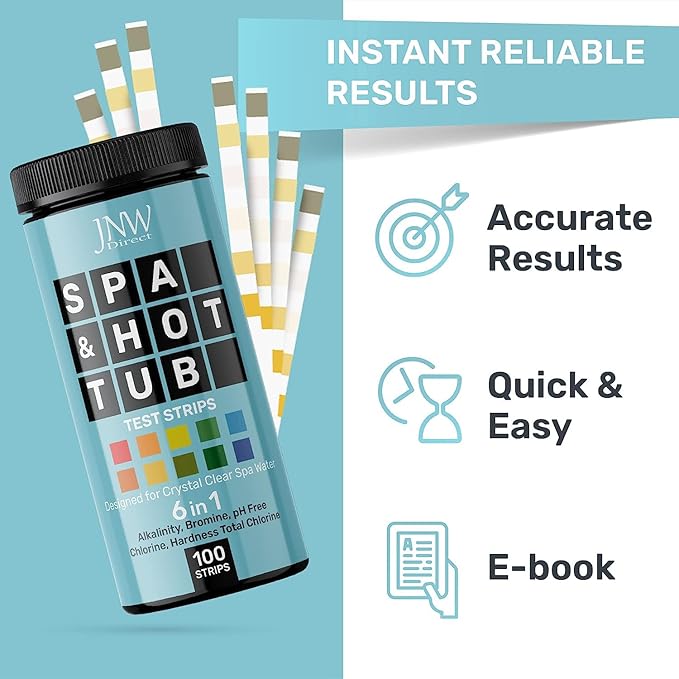 Hot Tub and Pool Test Strips - 6in1 Quick & Accurate Hot Tub, Spa, Pool Test Strips - 100 Water Test Strips, Water Test Kit with E-Book - Test Chlorine, Bromine, pH, Hardness, Alkalinity - JNW Direct