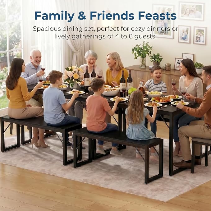 Bealife Dining Table Set for 4 with Metal Frame and MDF Board - Black | Space Saving Kitchen Table with 2 Benches, Kitchen Table Set for Apartment, Dining Room, Breakfast Nook