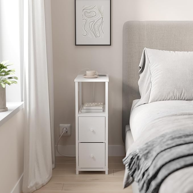 TUTOTAK Small Narrow LED End Table with Charging Station, Side Table Outlets, Nightstand with 2 Cloth Drawers, Couch Table, for Living Room, Bedroom, Bedside, White TB01BW085L