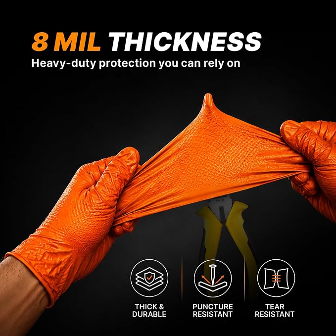 TitanFlex Heavy Duty Industrial Orange Nitrile Gloves, 8-mil, Gloves Disposable Latex Free with Raised Diamond Texture Grip, Powder Free, Rubber Glove, Mechanic Gloves,1000-ct Case (XXL)