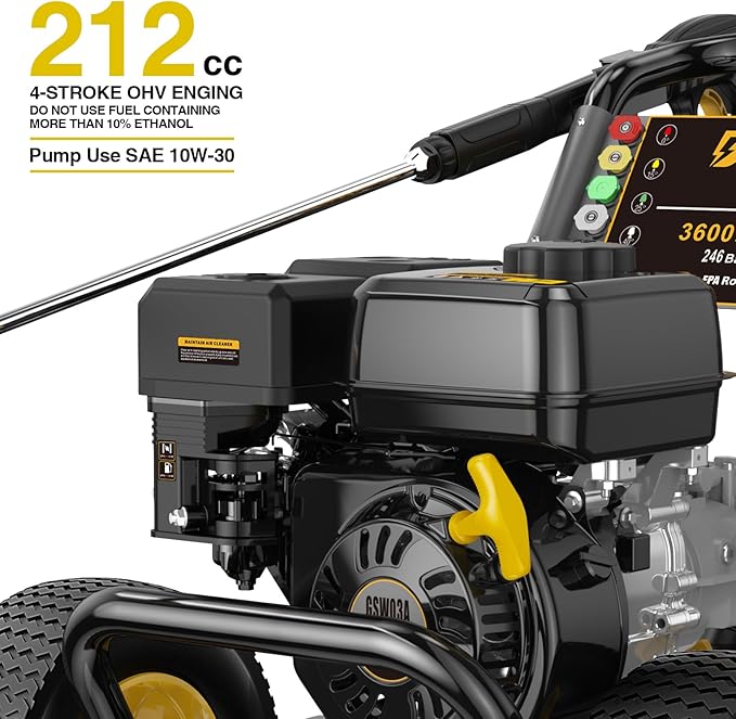 BLUBERY 3600 PSI Gas Pressure Washer, 2.7 GPM Heavy Duty High Power Washer, 30Ft Pressure Hose&Soap Tank,5 Pressure Nozzles,Black