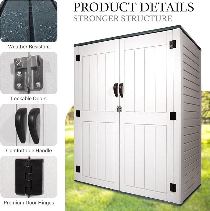 Outdoor Storage Cabinet, 52 Cu ft Resin Storage Box for Patio Garden Yard - Weatherproof Outdoor Storage Shed for Tools Pool Supplies - Lockable Vertical Storage Shed