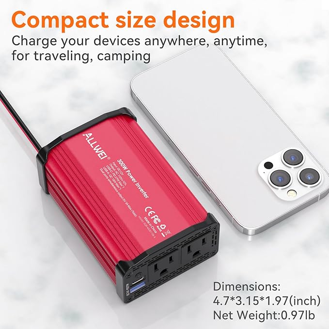 ALLWEI 300W Power Inverter DC 12V to 110V AC, Compact Car Plug Adapter Outlet with 27W PD USB-C &18W USB-A Fast Charging, Cigarette Lighter Adapter Car Charger for Phone, Laptop on Road Trip - Red