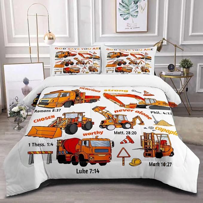 Kids Construction Vehicles Truck Comforter for Boys Twin,Cartoon Car Excavator Tractor Bedding Set,Construction Christian Spirational Quotes Comforter with 2 Pillowcases White