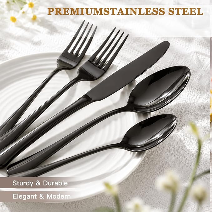 Astercook 24-Piece Black Silverware Set with Steak Knives Flatware Set for 4 Food-Grade Stainless Steel Cutlery Set Mirror Polished Utensils Set Include Spoons and Forks for Home Kitchen Restaurant