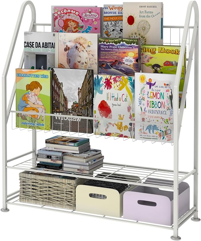 Kids Bookshelf Freestanding for Children Room 32 Inches White Metal Bookcase Large Capacity Books Toys Organizer Stable 5 Tiers Kids Book Rack for Playroom Bookstore Library.