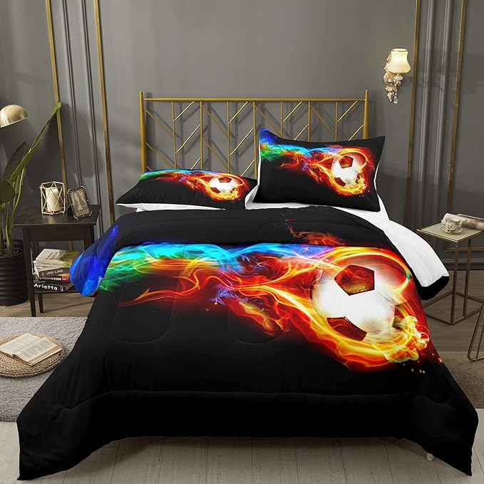 Bodhi Boys Comforter Set Full,Soccer Comforter Set Full Size,Fire Sports Comforter Set for Boys,Teen Football Bedding Set with Matching Pillowcases,Kids Bedding Set Full