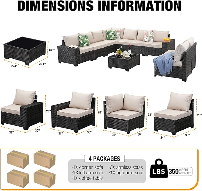 10 Pieces Patio Furniture Set All-Weather Outdoor Wicker Sectional Conversation Sofa Rattan Patio Seating Sofa with Cushion and Glass Table for Porch Poolside,Beige