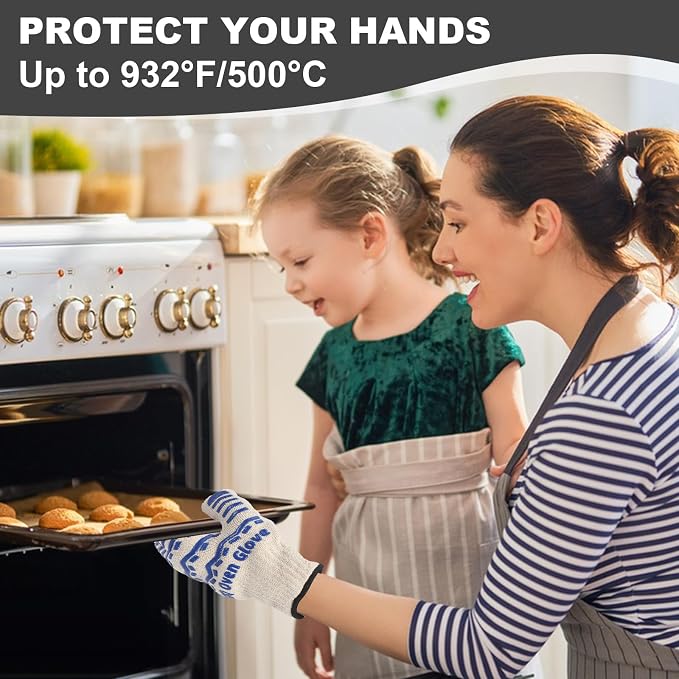 BBQ Gloves 932℉ Heat Resistant Oven Gloves, Cooking Gloves for BBQ, Grilling, Baking,Cutting, Smoker Fireplace-1 Pair(Blue)