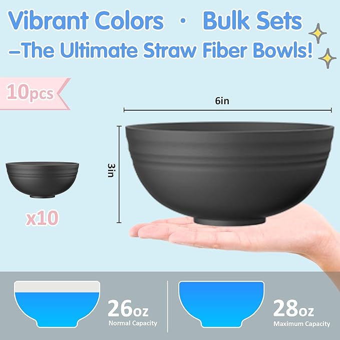Quatish 10 PCS Unbreakable Cereal Bowls,Dishwasher & Microwave Safe Wheat Straw Bowls, Easy-to-Clean Lightweight Snack & Soup Bowl,Multi-Color Portable for Picnics Plastic Bowls Set, Black