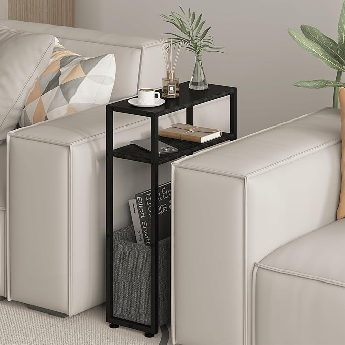 Narrow Side Table, Slim End Tables with Fabric Basket, Skinny Table for Small Spaces, Thin Bedside Table for Living Room, Bedroom (1, Ebony Black + Slate Gray)