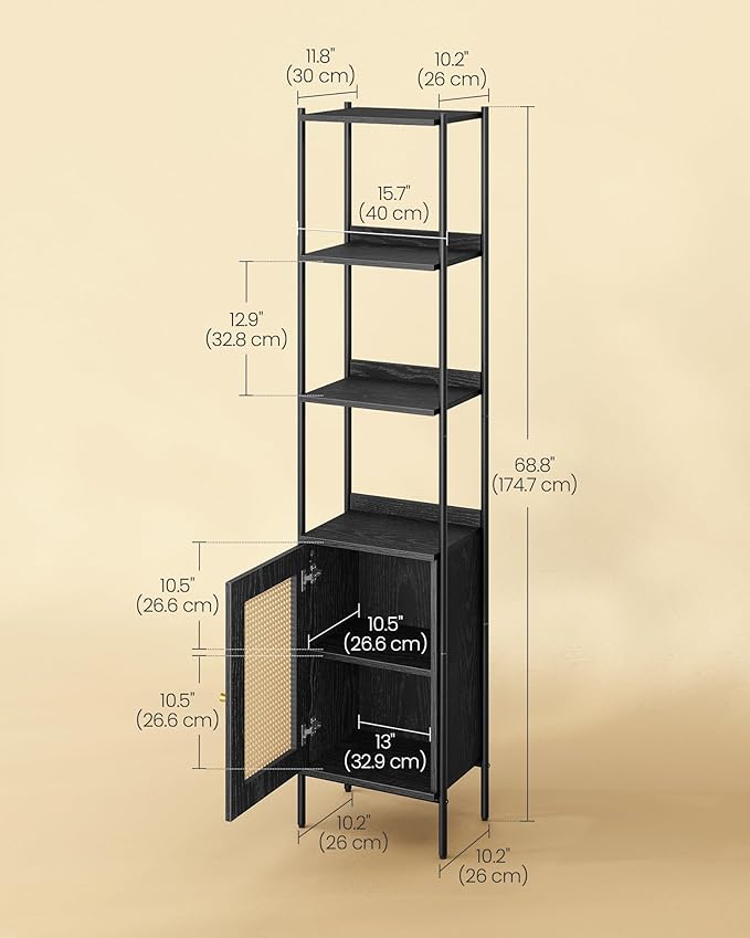 VASAGLE 6-Tier Bookcase, Bookshelf with Rattan-Like Door, Boho Style, Freestanding 15.7-Inch Wide Storage Shelf, Metal Frame, Adjustable Shelf, for Living Room, Ebony Black and Matte Black ULLS122B56