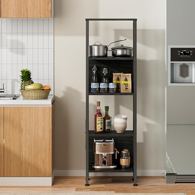 Furologee 5 Tier Tall Bookshelf with Back, Industrial Narrow Bookcase, Display Standing Shelf Units, Metal and Wood Storage Corner Shelves Organizer for Bedroom, Living Room, Entryway, Kitchen, Black