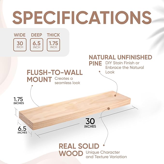 Homeforia 30 inch Wood Floating Shelves, High End Solid Natural Wood 30inch Floating Shelf for Wall, Unfinished Wooden 30 inches Floating Shelves, Heavy Duty Bracket, 30 X 6.5 X 1.75 in, Set of 2