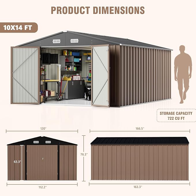 Greesum 10×14 FT Outdoor Storage Shed, Metal Storaged Sheds Without Floor, Tool Sheds with Lockable Doors and Sloping Roof for Garden, Patio, Backyard, Brown
