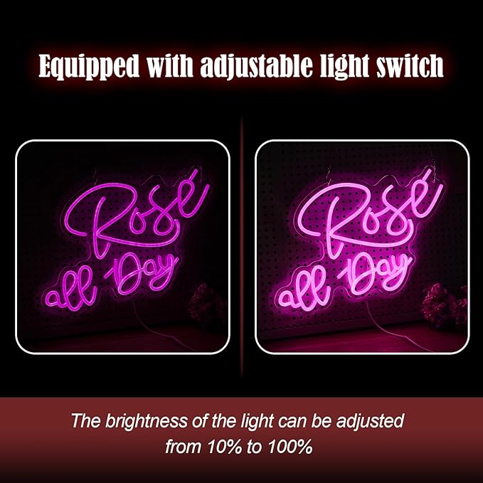 Rose All Day Neon Sign LED Pink Rose Neon Light For Wall Decor Dimmable USB Words Light Up Sign for Bedroom Wedding Party Atmosphere Decor Lovers Gift(12.2 * 16.1 In)