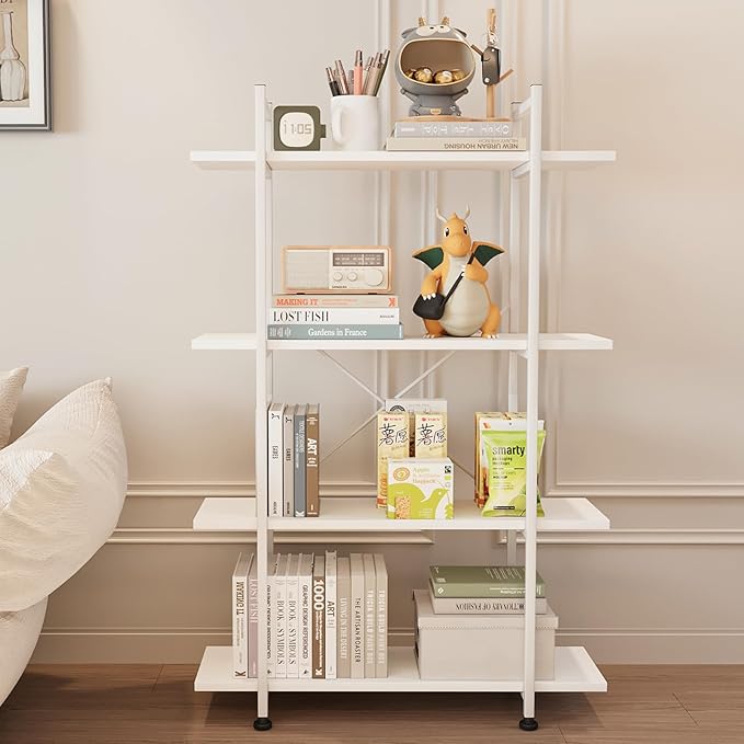 Bookshelf 4 Tiers White Wooden Storage Shelf,Modern Open Display Storage Bookcase Book Organizer,Metal Bookshelf Standing Storage Shelf Tall Shelving Units for Home Office Study