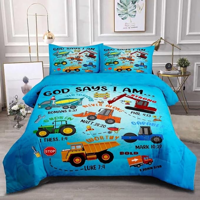 Boys Construction Vehicles Truck Comforter Set Queen,Christian Kids God Says I Am Construction Bedding Set,Car Excavator Tractor Bedroom Set（1 Comforter 2 Pillowcase） Blue